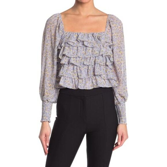 ASTR Women's Ruffle Neck Blouse Top Blue Ditsy Lavender Ruched Cuffs X-Small NWT - Picture 1 of 6